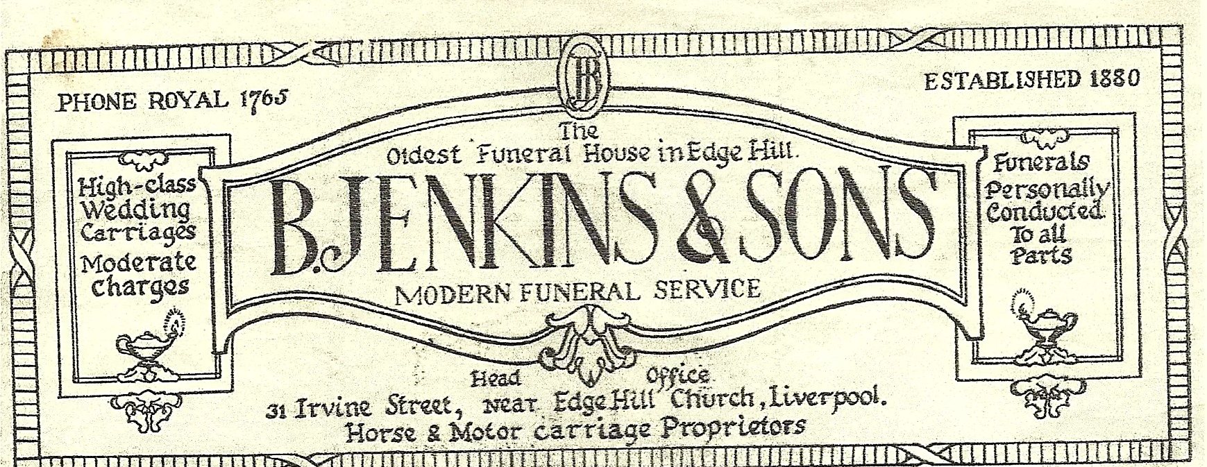 Engraved letterhead from a 1937 funeral account, reading The Oldest Funeral House in Edge Hill, B. Jenkins & Sons, Modern Funeral Service, Head Office 31 Irvine Street